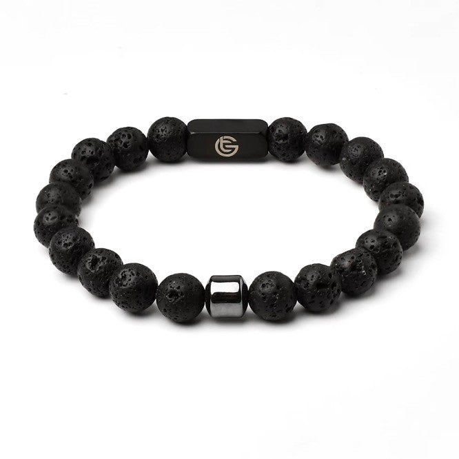 Black beaded bracelet with a branded clasp on a white background, Front.