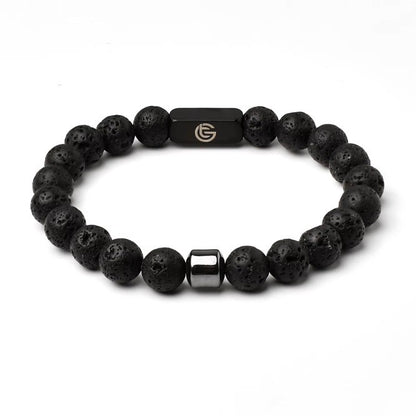 Black beaded bracelet with a branded clasp on a white background, Front.