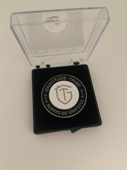 Gratitude Tribe Commemorative CoinGRATITUDE TRIBE, black, front.