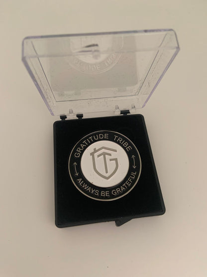 Inspirational commemorative coin, black, white, front.