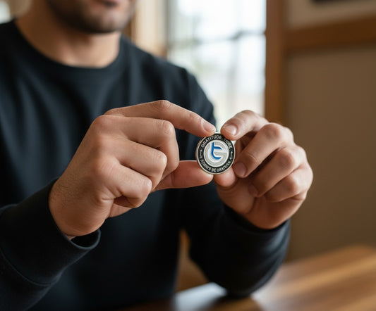 Person holding a small round object with a logo, blurred background, front,