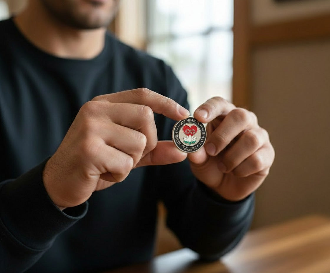Person holding a round object with a heart design in front of a blurred indoor background, front, affirmation coin.