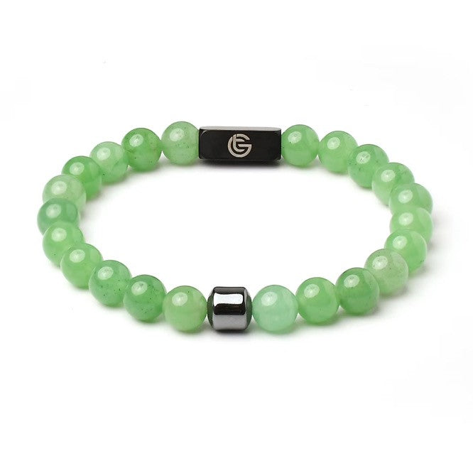 Green beaded bracelet with black metal clasp on a white background, green, black, front.